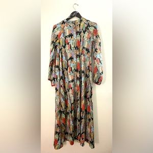 Natori Dynasty Mandarin Zip Caftan Midi Night Gown Long Sleeve Women's Size S